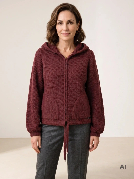 Elegancki sweter damski rozpinany w kolorze bordo – prosty krój z kapturem na chłodne dni 42173