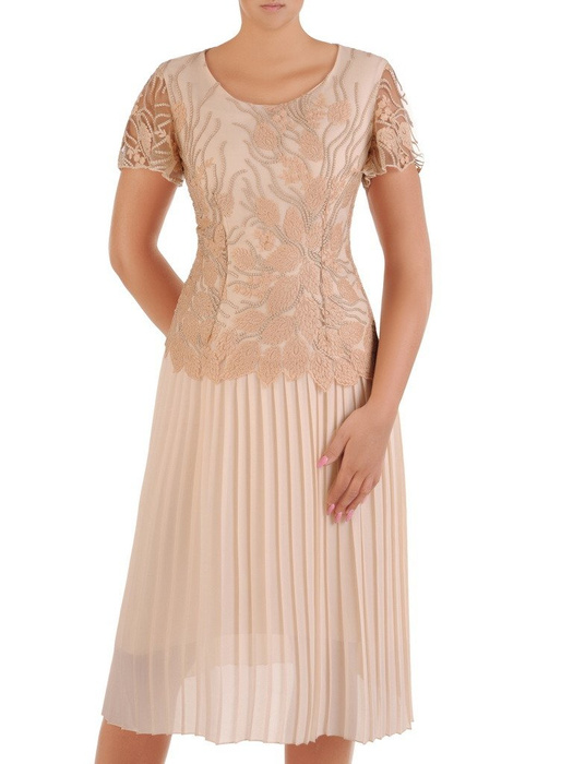 	Plisowana sukienka na wesele, elegancka kreacja wykończona koronką 21151