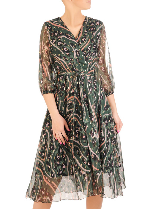 Kopertowa sukienka z szyfonu, rozkloszowana kreacja z paskiem 31999