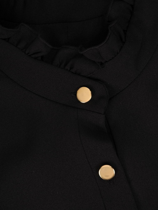 Rozpinana sukienka, czarna kreacja z ozdobnymi falbanami 27732