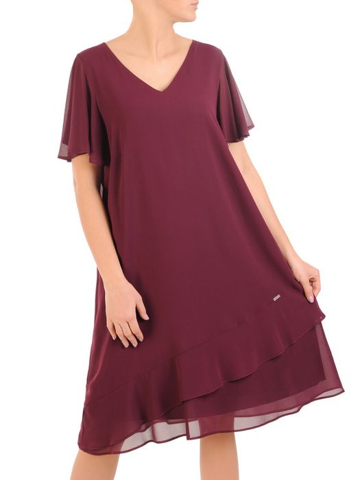 Śliwkowa sukienka z szyfonu z modną, asymetryczną falbaną 31480