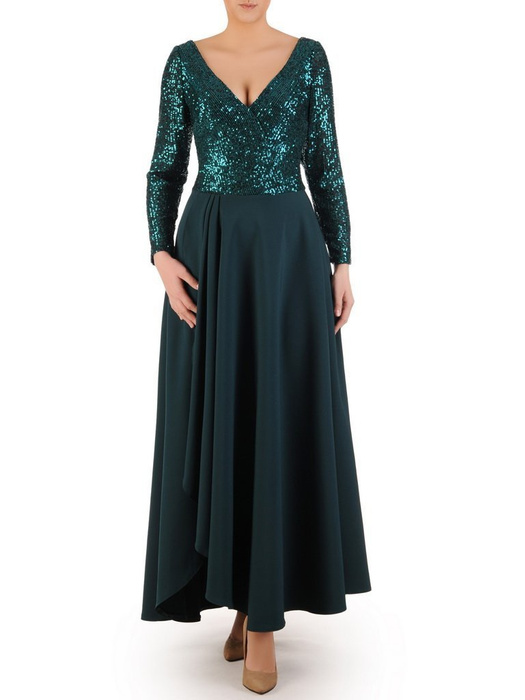 Wieczorowa suknia z cekinowym zdobieniem, zielona kreacja maxi 25147