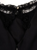 Czarna sukienka z romantycznymi rękawami 14157, kreacja wykończona koronką.